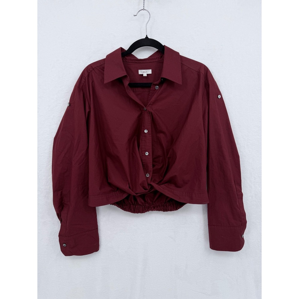 A.L.C. Burgundy Cotton Cropped Twist Front Roll Tab Sleeve Shirt Size 8 Normcore